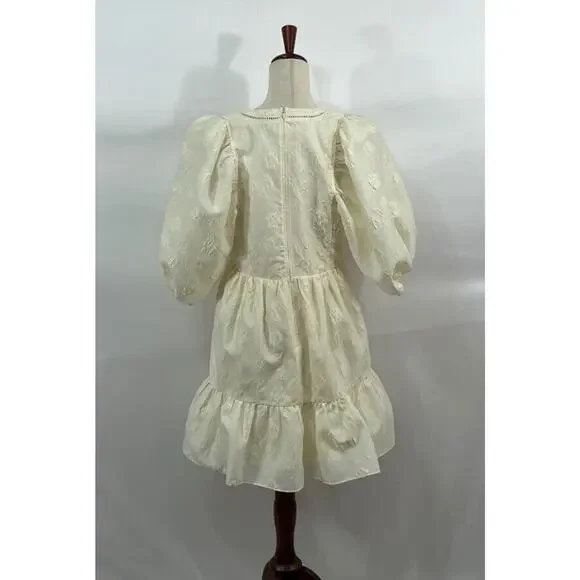 HUNTER BELL Sz L Large Gaille Cream Short Puff Sleeve Jacquard Dress - Picture 9 of 12